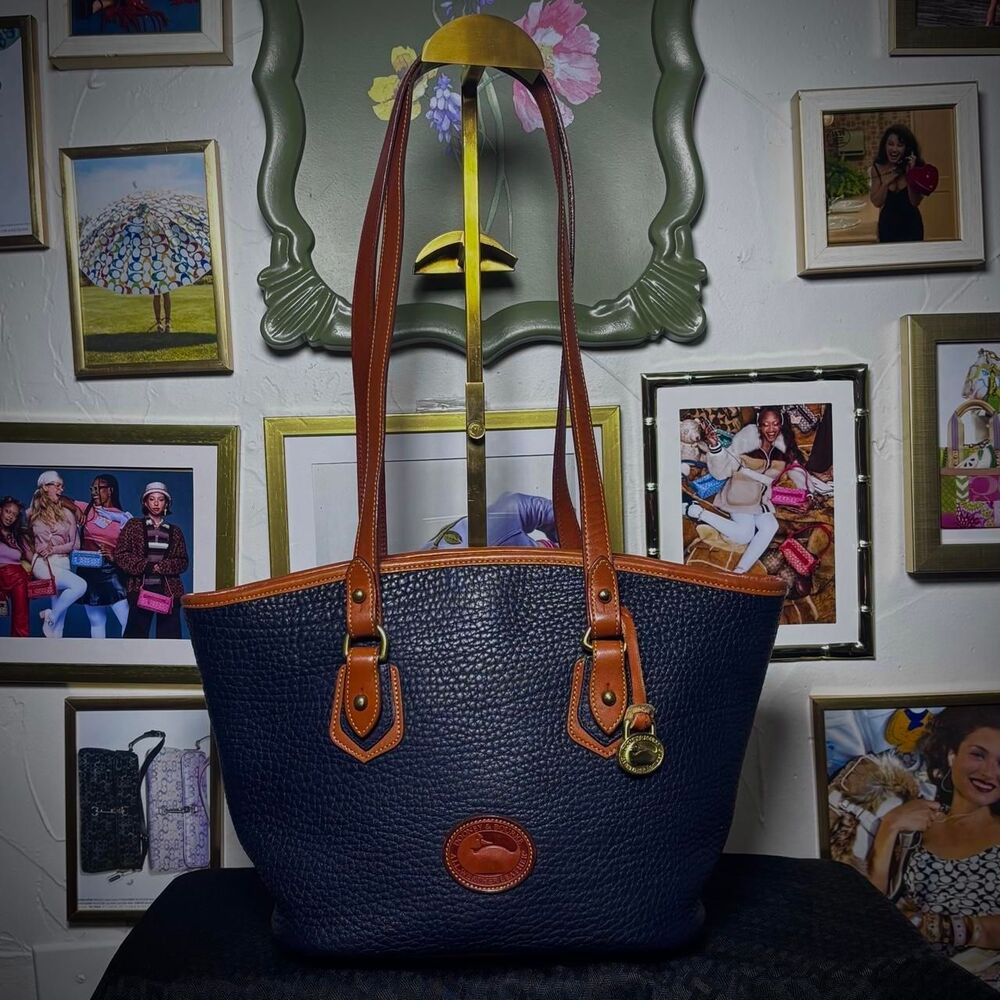 Vintage Dooney & Bourke All-Weather Leather Navy Zip-Top Shopper Tote Bag